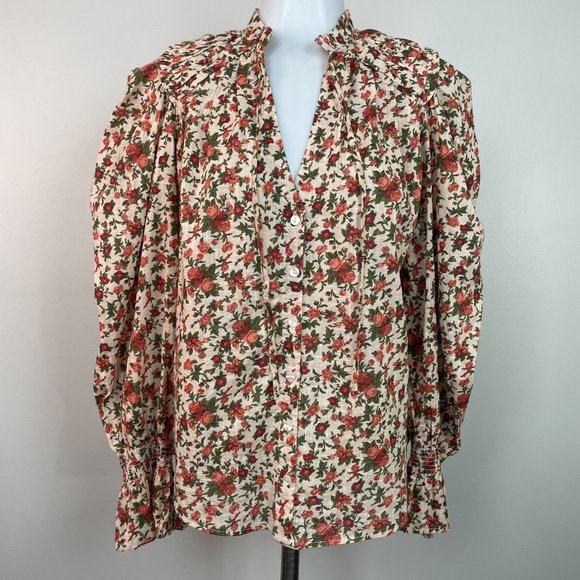 Free People Top XS Floral Orange Green Puff Sleeve Cotton Boho Blouse Women's - Picture 4 of 15